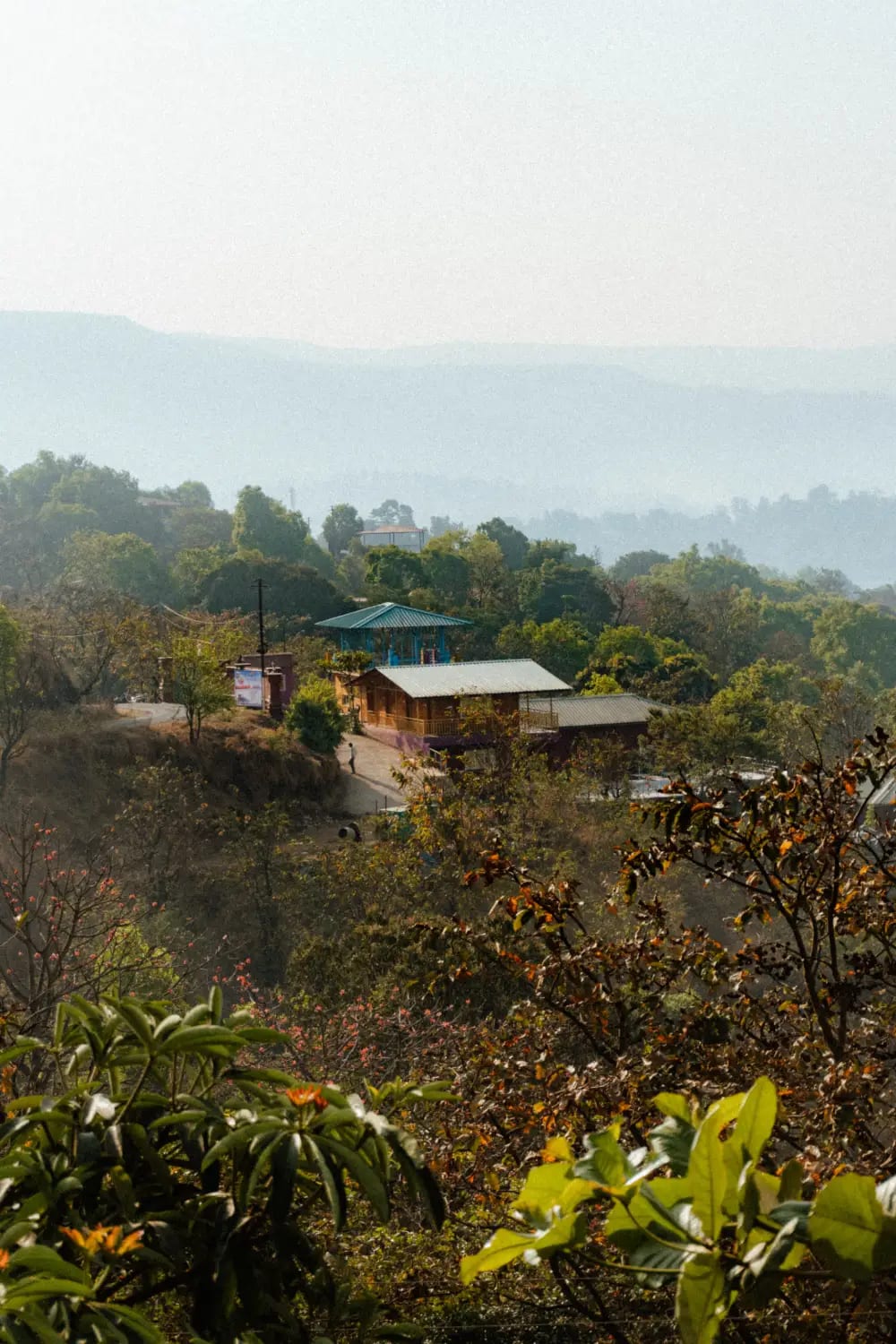 Hills and trees receding into haze above a valley
